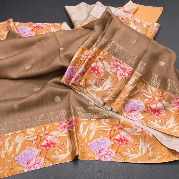 Pure Tussar Coffee Brown Saree With Zari Buttas And Printed Border