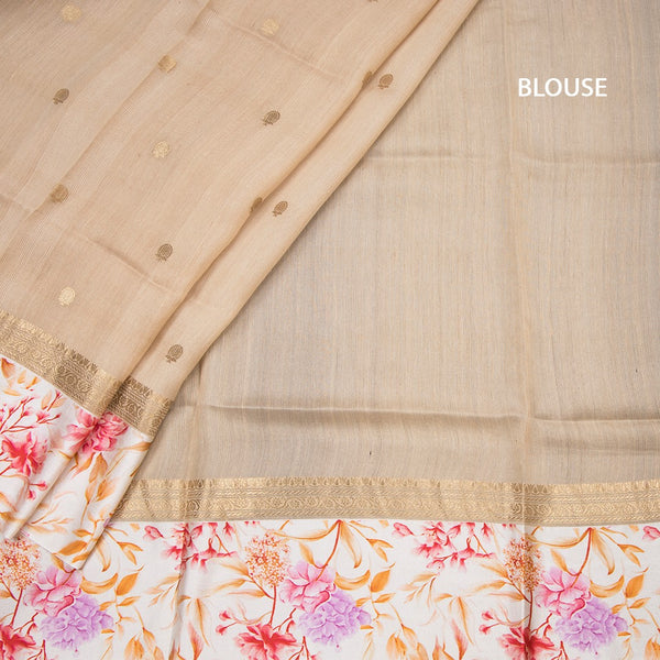 Pure Tussar Light Brown Saree With Zari Buttas And Printed Border