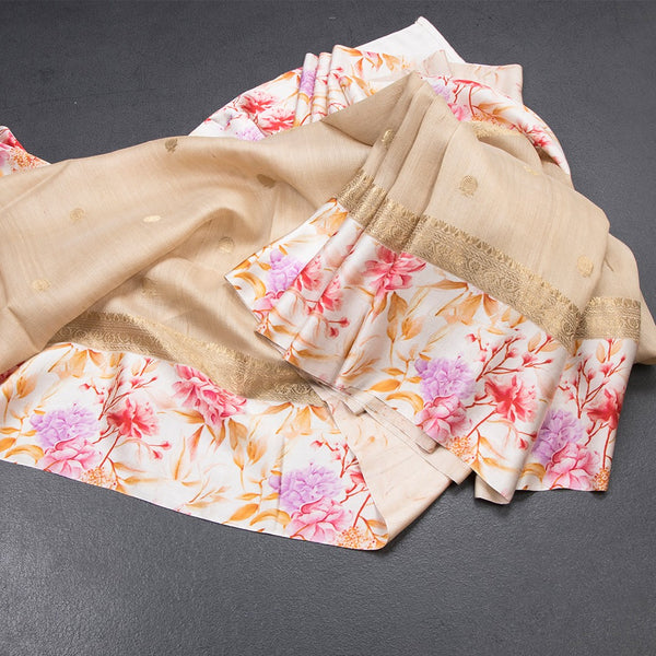 Pure Tussar Light Brown Saree With Zari Buttas And Printed Border