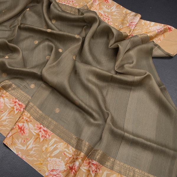 Pure Tussar Olive Green Saree With Zari Buttas And Printed Border