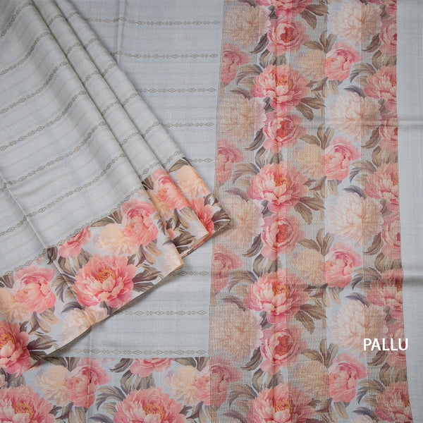 Pure Tussar Grey Zari Worked Saree With Printed Border