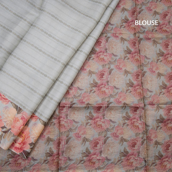 Pure Tussar Grey Zari Worked Saree With Printed Border