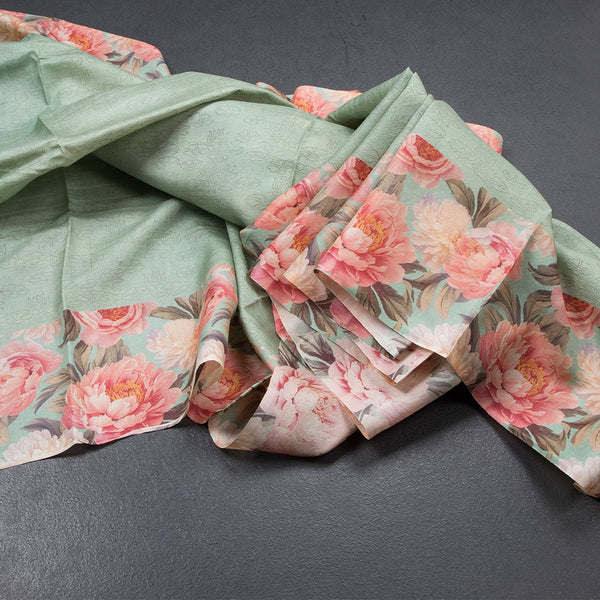Pure Tussar Pista Green Floral Printed Saree