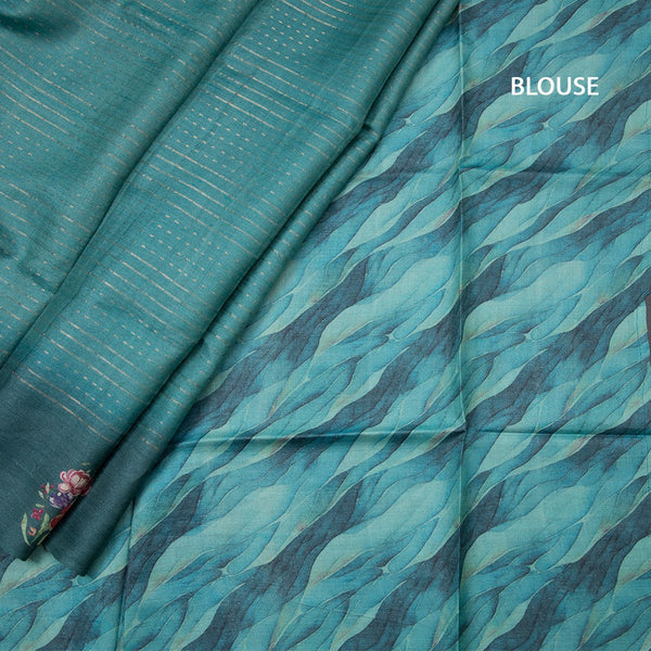 Pure Tussar Peacock Green Zari Worked Saree With Printed Border