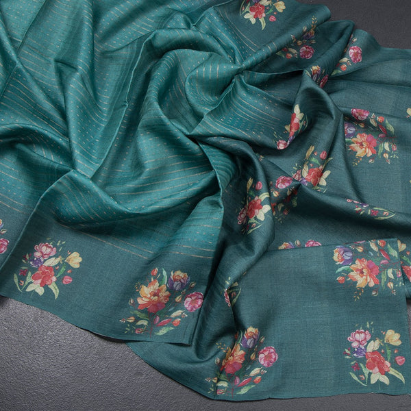 Pure Tussar Peacock Green Zari Worked Saree With Printed Border