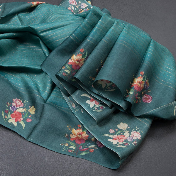 Pure Tussar Peacock Green Zari Worked Saree With Printed Border