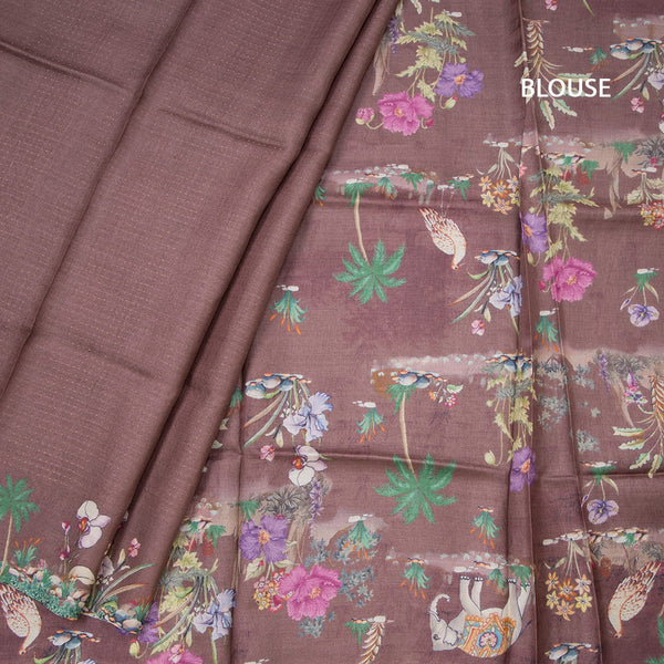 Pure Tussar Dark Brown Zari Worked Saree With Printed Border