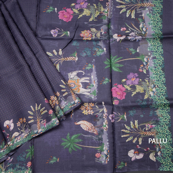 Pure Tussar Dark Purple Zari Worked Saree With Printed Border