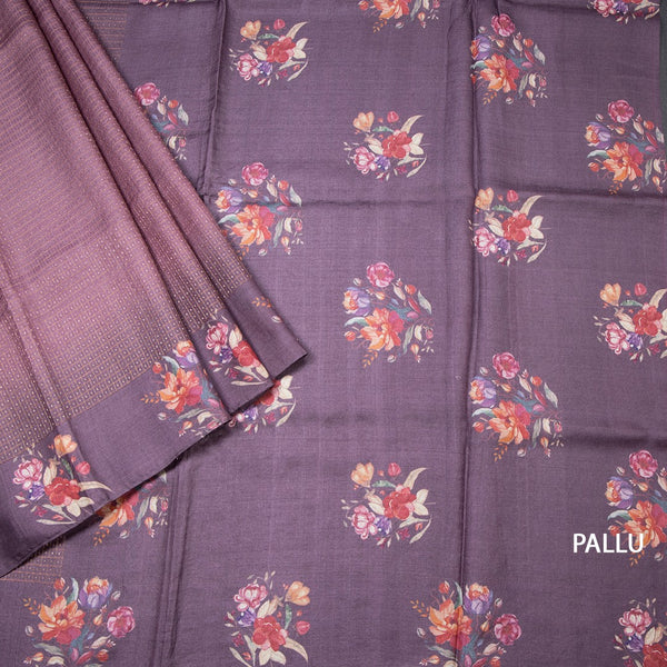 Pure Tussar Lilac Purple Zari Worked Saree With Printed Border