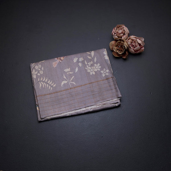 Pure Tussar Grey Floral Printed Saree With Zari Checks Border