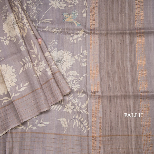 Pure Tussar Grey Floral Printed Saree With Zari Checks Border
