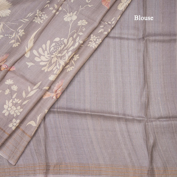 Pure Tussar Grey Floral Printed Saree With Zari Checks Border