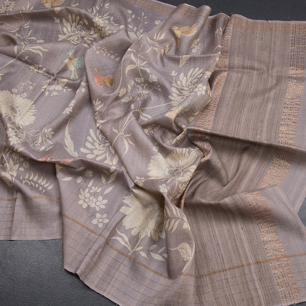 Pure Tussar Grey Floral Printed Saree With Zari Checks Border