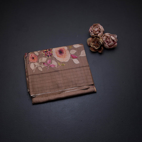 Pure Tussar Brown Floral Printed Saree With Zari Checks Border