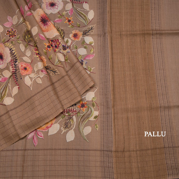 Pure Tussar Brown Floral Printed Saree With Zari Checks Border