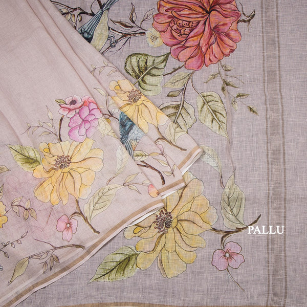 Linen Light Baby Pink Floral Printed saree