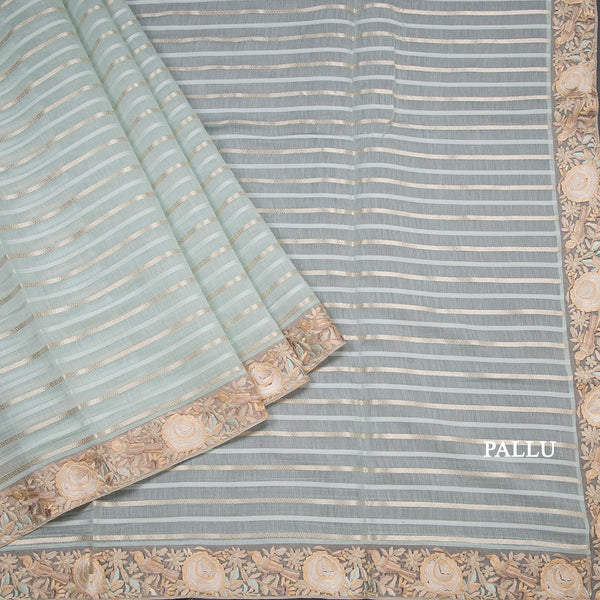 Organza Light Green Zari Stripes Saree With Thread Border