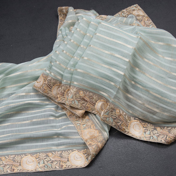 Organza Light Green Zari Stripes Saree With Thread Border