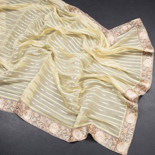 Organza Light Yellow Zari Stripes Saree With Thread Border