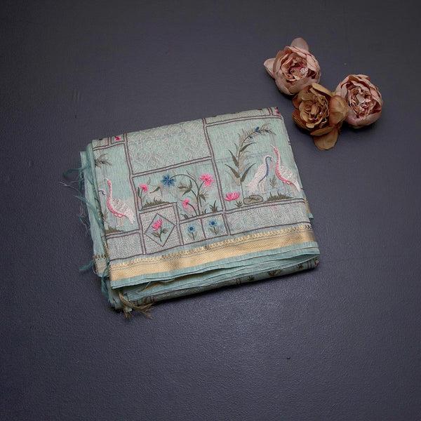 Linen Light Green Thread Embroidered Saree With Zari Border