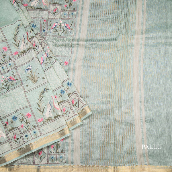 Linen Light Green Thread Embroidered Saree With Zari Border
