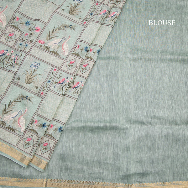 Linen Light Green Thread Embroidered Saree With Zari Border