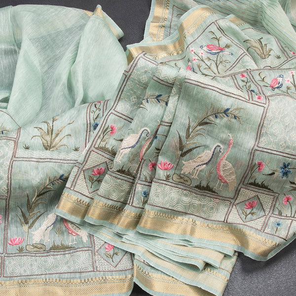 Linen Light Green Thread Embroidered Saree With Zari Border