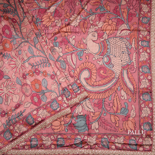 Raw Silk Reddish Pink Kalamkari Printed Saree And Zari With Chamki Border