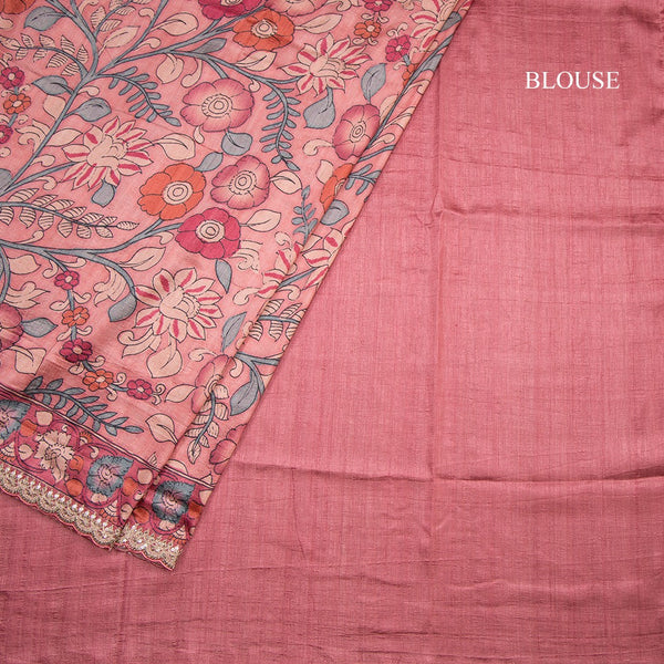 Raw Silk Reddish Pink Kalamkari Printed Saree And Zari With Chamki Border