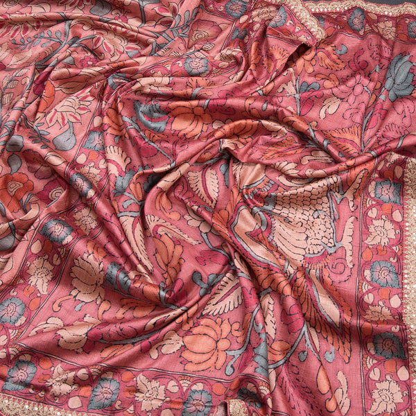 Raw Silk Reddish Pink Kalamkari Printed Saree And Zari With Chamki Border