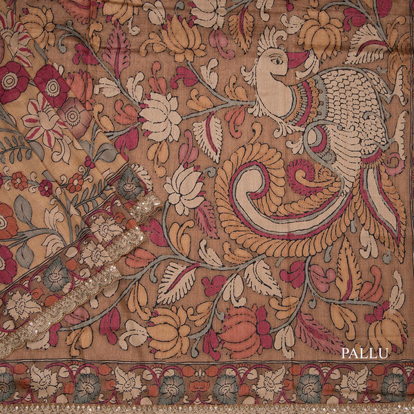 Raw Silk Golden Yellow Kalamkari Printed Saree And Zari With Chamki Border