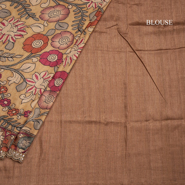 Raw Silk Golden Yellow Kalamkari Printed Saree And Zari With Chamki Border