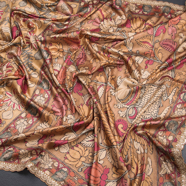 Raw Silk Golden Yellow Kalamkari Printed Saree And Zari With Chamki Border