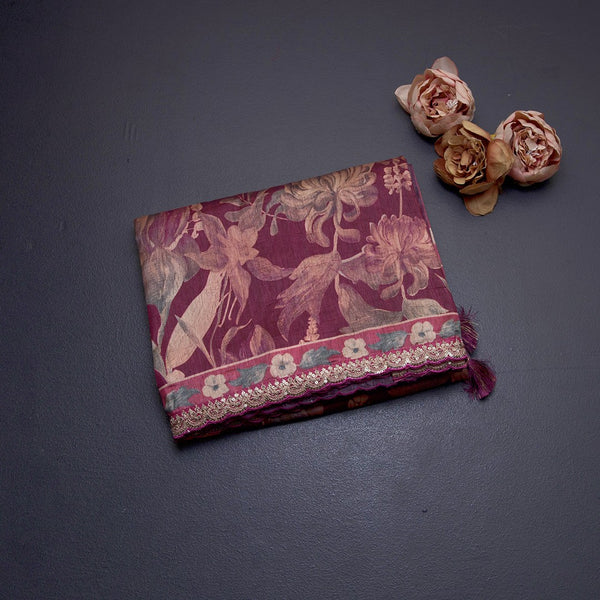 Raw Silk Wine Colour Floral Printed Saree And Zari With Chamki Border