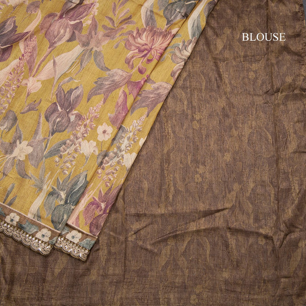 Raw Silk Mustard Yellow Floral Printed Saree And Zari With Chamki Border