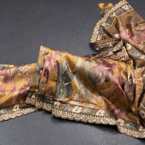 Raw Silk Mustard Yellow Floral Printed Saree And Zari With Chamki Border