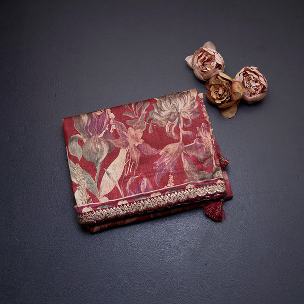 Raw Silk Maroon Floral Printed Saree And Zari With Chamki Border