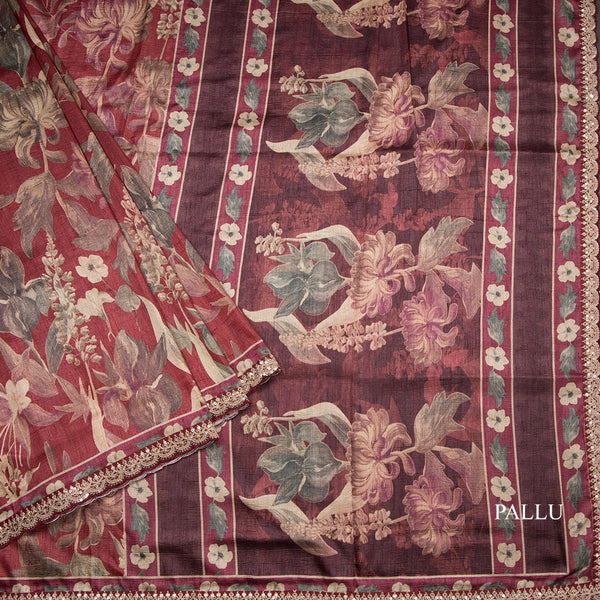 Raw Silk Maroon Floral Printed Saree And Zari With Chamki Border