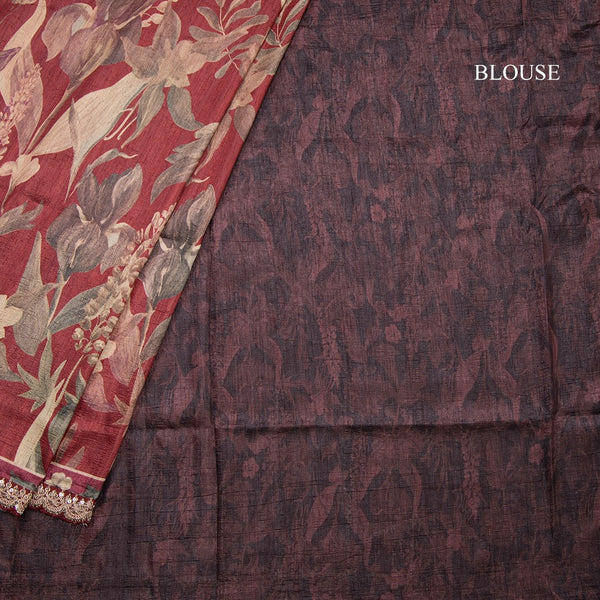 Raw Silk Maroon Floral Printed Saree And Zari With Chamki Border