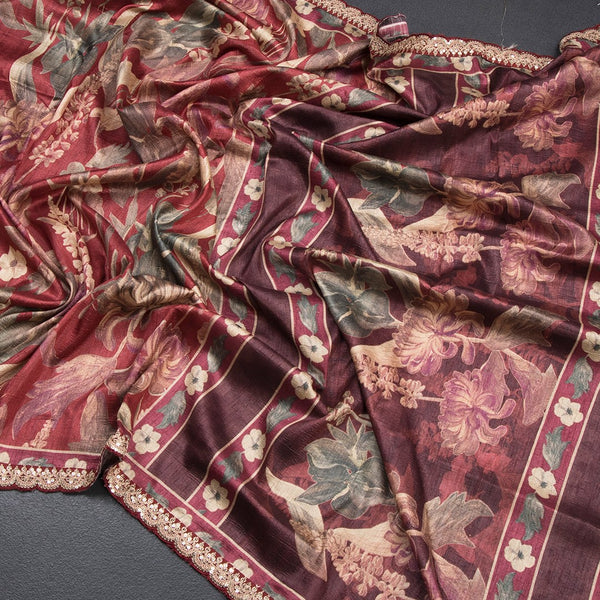 Raw Silk Maroon Floral Printed Saree And Zari With Chamki Border
