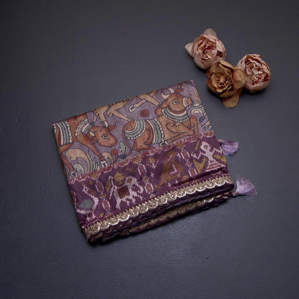 Raw Silk Plum Purple Kalamkari Printed Saree And Zari With Chamki Border