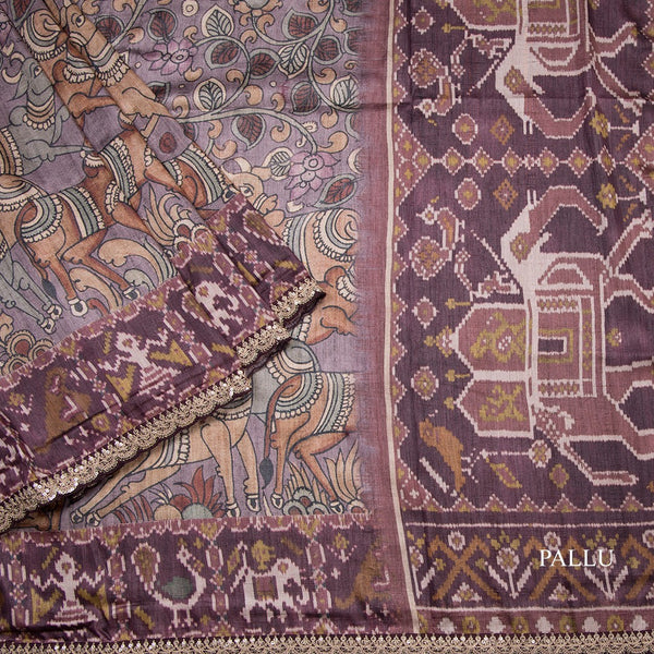 Raw Silk Plum Purple Kalamkari Printed Saree And Zari With Chamki Border