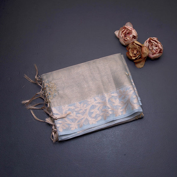 Tissue Kota Sky Blue Zari Worked Saree With Gota Work