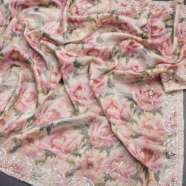 Shimmer Georgette Multi Colour Floral Printed Saree With Embellishment Work