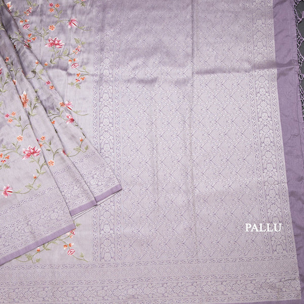 Banaras Lavender Zari With Floral Thread Work Saree