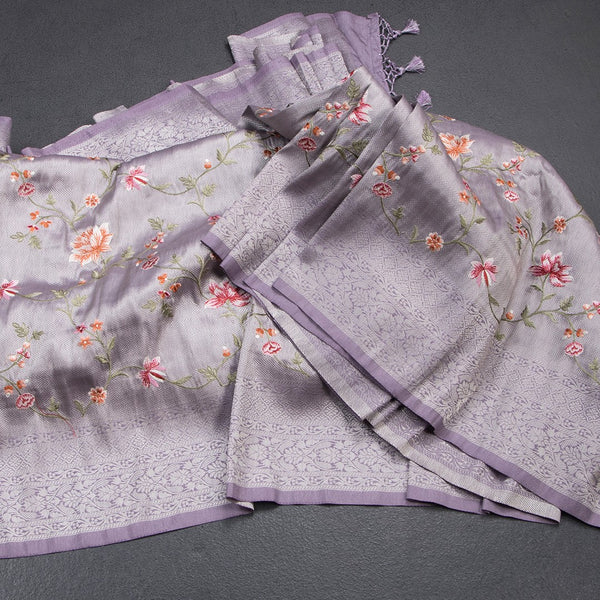 Banaras Lavender Zari With Floral Thread Work Saree