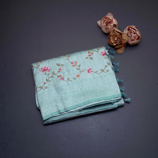 Banaras Sea Green Zari With Floral Thread Work Saree