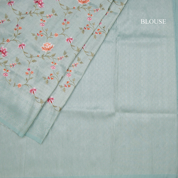 Banaras Sea Green Zari With Floral Thread Work Saree