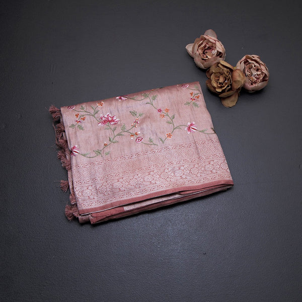 Banaras Peach Zari With Floral Thread Work Saree