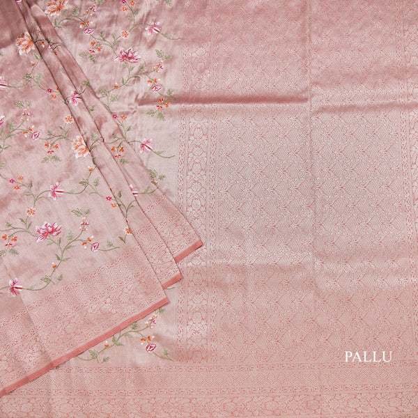 Banaras Peach Zari With Floral Thread Work Saree